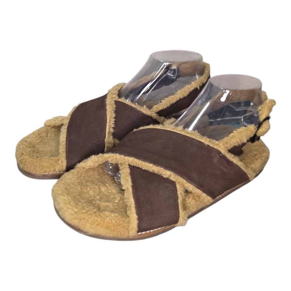 Seychelles Shearling Leather Slide Sandals Women's 9 Brown Cozy Cross Strap
